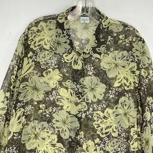Haband Womens Shirt Large Green Sheer Floral Print Button Long Sleeve
